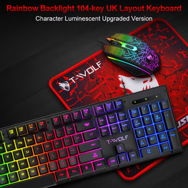 1pc T-WOLF Kit combo 3-en-1 pour jeux, clavier mécanique ergonomique avec rétroéclairage, souris optique et tapis de souris, durable et confortable