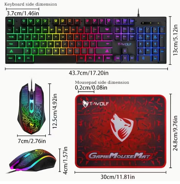1pc T-WOLF Kit combo 3-en-1 pour jeux, clavier mécanique ergonomique avec rétroéclairage, souris optique et tapis de souris, durable et confortable