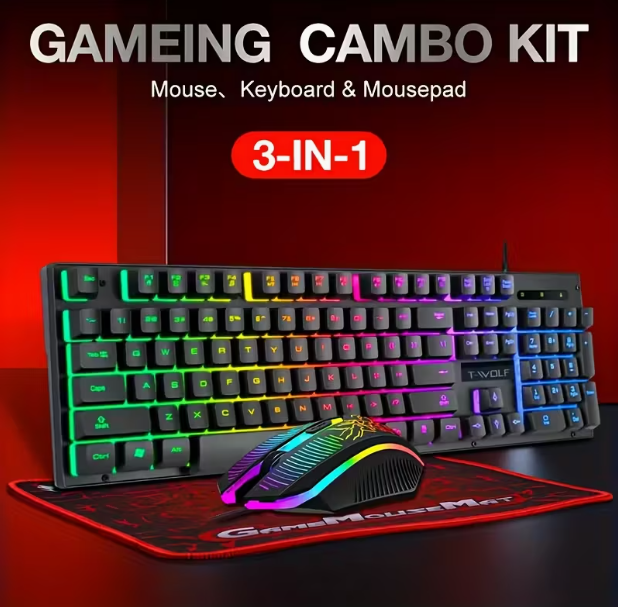 1pc T-WOLF Kit combo 3-en-1 pour jeux, clavier mécanique ergonomique avec rétroéclairage, souris optique et tapis de souris, durable et confortable