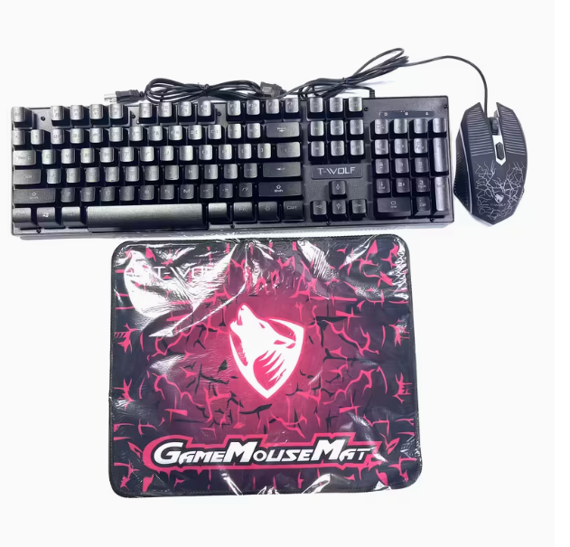 1pc T-WOLF Kit combo 3-en-1 pour jeux, clavier mécanique ergonomique avec rétroéclairage, souris optique et tapis de souris, durable et confortable