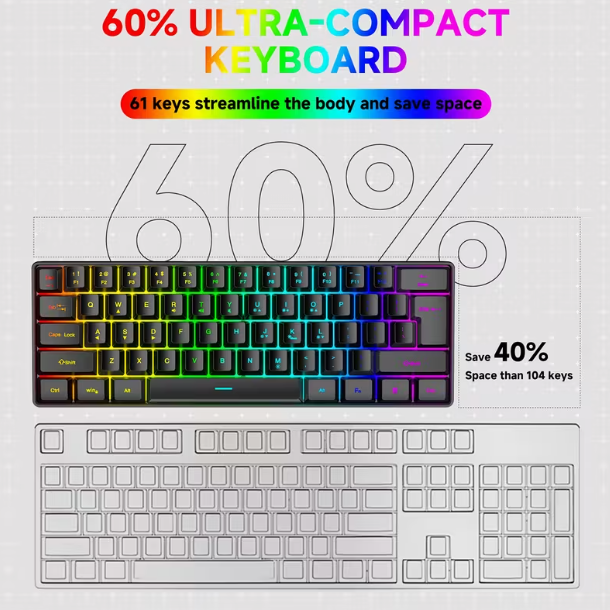 GOTBAT Clavier de Jeu Filaire 60%, Membrane RGB 61 Touches, Ultra-Compact pour PC et Joueurs, PC de Jeu,Clavier Esport,Disposition Ergonomique,Clavier Élégant,Construction Durable,Haute performance,Sensation Mécanique