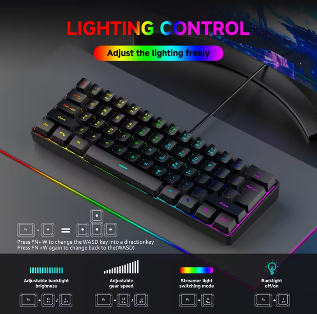 GOTBAT Clavier de Jeu Filaire 60%, Membrane RGB 61 Touches, Ultra-Compact pour PC et Joueurs, PC de Jeu,Clavier Esport,Disposition Ergonomique,Clavier Élégant,Construction Durable,Haute performance,Sensation Mécanique