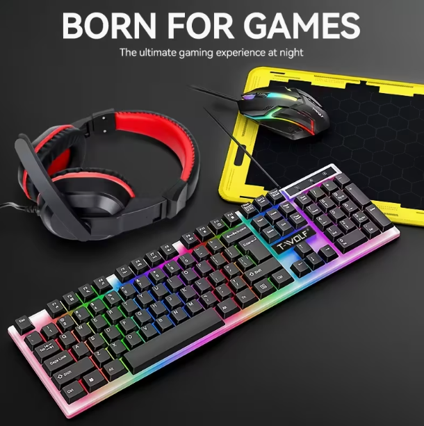 Ensemble quatre-en-un ergonomique pour jeux et bureau : clavier à 104 touches rétroéclairé arc-en-ciel, souris de jeu illuminée, casque sans fil 3,5 mm, tapis de souris antidérapant, alimentation USB filaire, Plug-and-Play