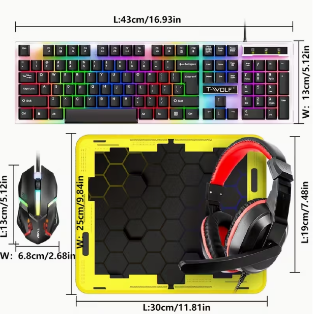 Ensemble quatre-en-un ergonomique pour jeux et bureau : clavier à 104 touches rétroéclairé arc-en-ciel, souris de jeu illuminée, casque sans fil 3,5 mm, tapis de souris antidérapant, alimentation USB filaire, Plug-and-Play