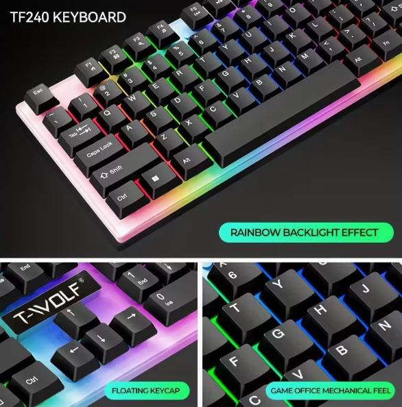 Ensemble quatre-en-un ergonomique pour jeux et bureau : clavier à 104 touches rétroéclairé arc-en-ciel, souris de jeu illuminée, casque sans fil 3,5 mm, tapis de souris antidérapant, alimentation USB filaire, Plug-and-Play