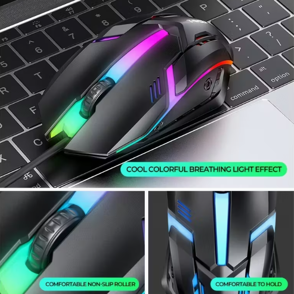 Ensemble quatre-en-un ergonomique pour jeux et bureau : clavier à 104 touches rétroéclairé arc-en-ciel, souris de jeu illuminée, casque sans fil 3,5 mm, tapis de souris antidérapant, alimentation USB filaire, Plug-and-Play