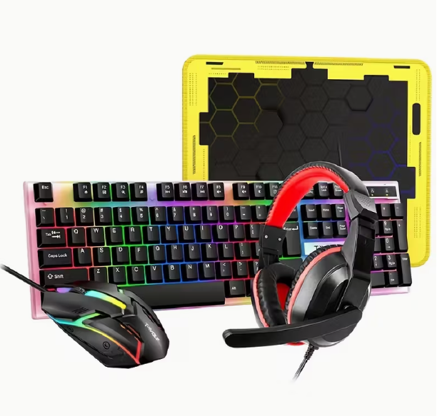 Ensemble quatre-en-un ergonomique pour jeux et bureau : clavier à 104 touches rétroéclairé arc-en-ciel, souris de jeu illuminée, casque sans fil 3,5 mm, tapis de souris antidérapant, alimentation USB filaire, Plug-and-Play