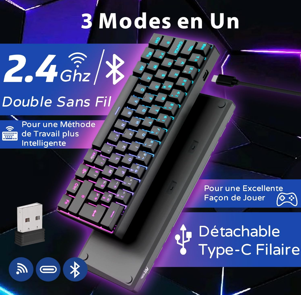 RK ROYAL KLUDGE RK61 Clavier Gaming sans Fil, AZERTY Mecanique 60% Bluetooth/2.4Ghz/USB-C Interrupteur Rouge Remplaçable à Chaud Compatible avec MacBook/iPad/Mac OS/Windows PC Tablette, Noir