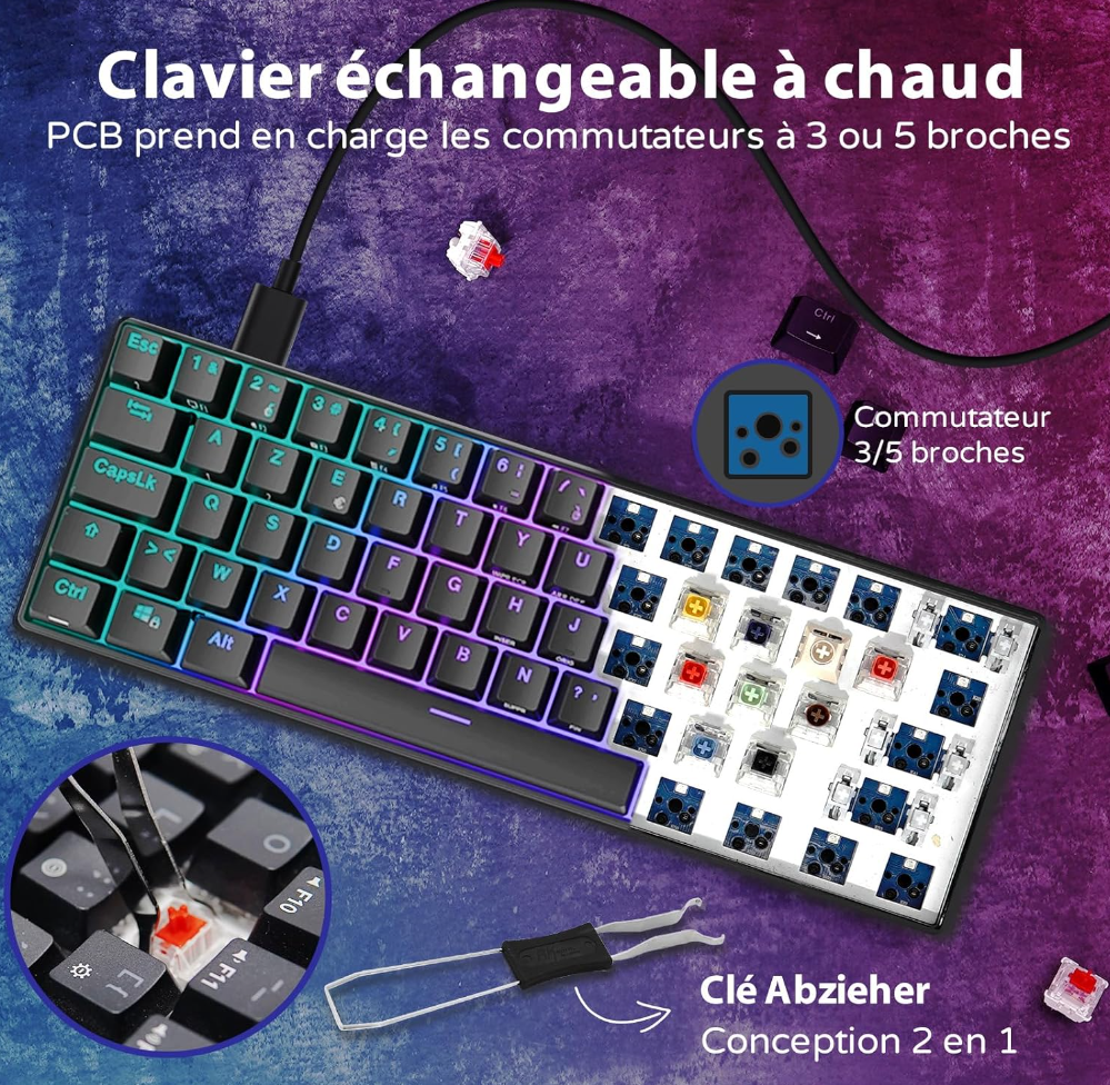 RK ROYAL KLUDGE RK61 Clavier Gaming sans Fil, AZERTY Mecanique 60% Bluetooth/2.4Ghz/USB-C Interrupteur Rouge Remplaçable à Chaud Compatible avec MacBook/iPad/Mac OS/Windows PC Tablette, Noir