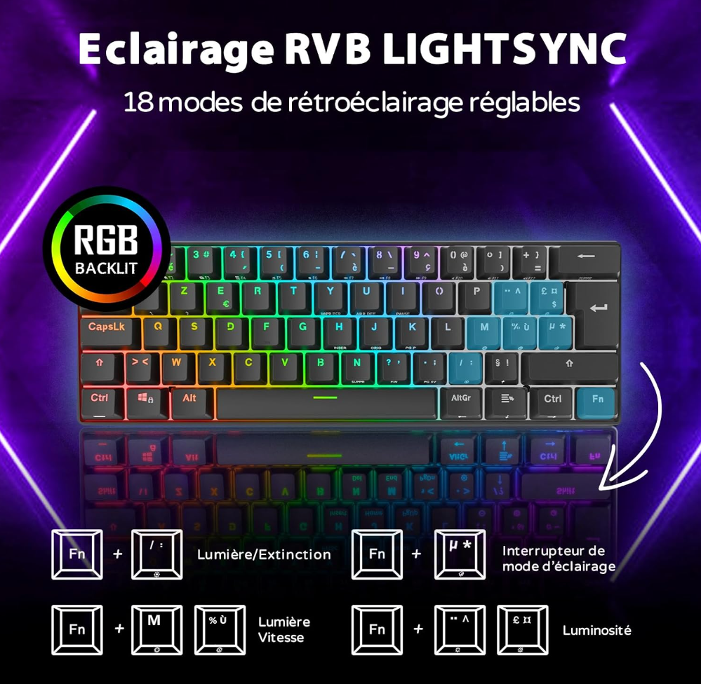 RK ROYAL KLUDGE RK61 Clavier Gaming sans Fil, AZERTY Mecanique 60% Bluetooth/2.4Ghz/USB-C Interrupteur Rouge Remplaçable à Chaud Compatible avec MacBook/iPad/Mac OS/Windows PC Tablette, Noir