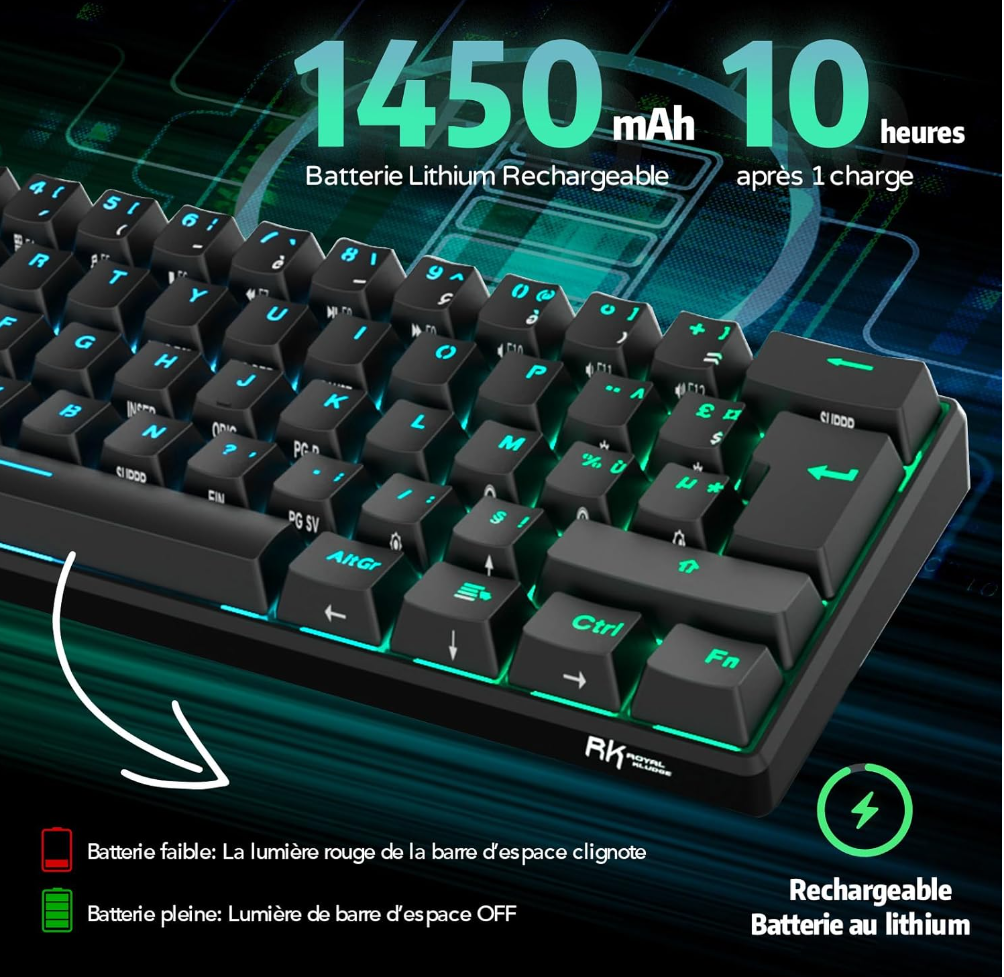 RK ROYAL KLUDGE RK61 Clavier Gaming sans Fil, AZERTY Mecanique 60% Bluetooth/2.4Ghz/USB-C Interrupteur Rouge Remplaçable à Chaud Compatible avec MacBook/iPad/Mac OS/Windows PC Tablette, Noir