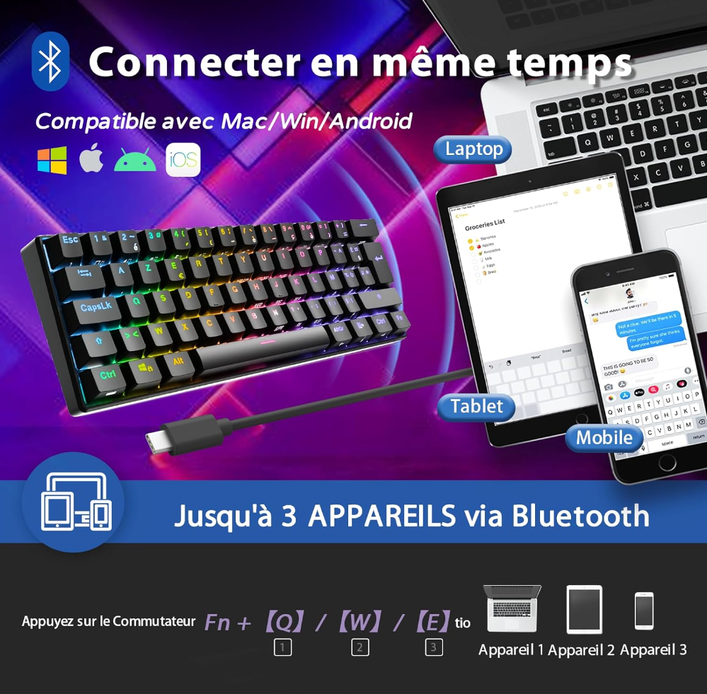 RK ROYAL KLUDGE RK61 Clavier Gaming sans Fil, AZERTY Mecanique 60% Bluetooth/2.4Ghz/USB-C Interrupteur Rouge Remplaçable à Chaud Compatible avec MacBook/iPad/Mac OS/Windows PC Tablette, Noir