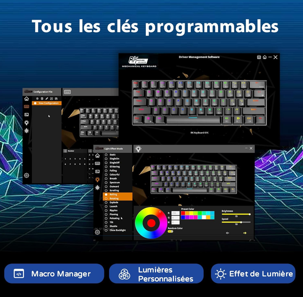 RK ROYAL KLUDGE RK61 Clavier Gaming sans Fil, AZERTY Mecanique 60% Bluetooth/2.4Ghz/USB-C Interrupteur Rouge Remplaçable à Chaud Compatible avec MacBook/iPad/Mac OS/Windows PC Tablette, Noir