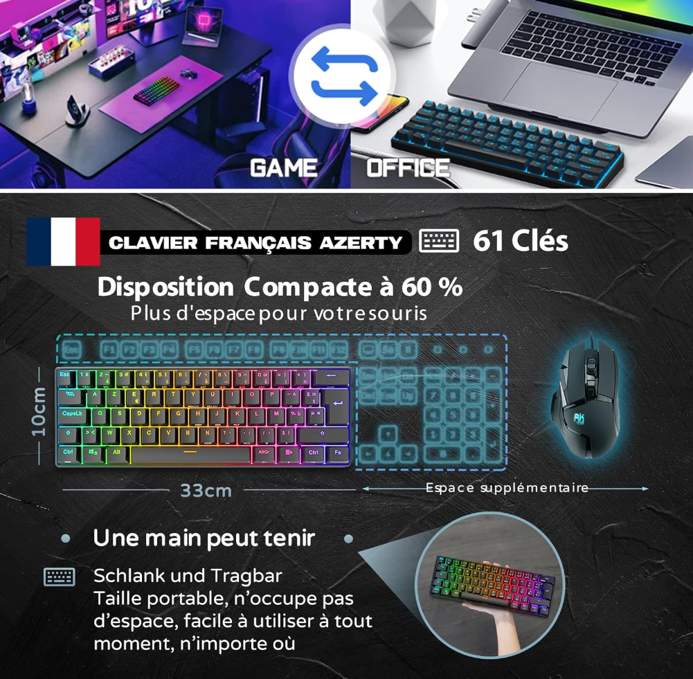 RK ROYAL KLUDGE RK61 Clavier Gaming sans Fil, AZERTY Mecanique 60% Bluetooth/2.4Ghz/USB-C Interrupteur Rouge Remplaçable à Chaud Compatible avec MacBook/iPad/Mac OS/Windows PC Tablette, Noir