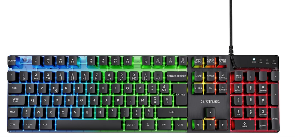Trust Gaming GXT 835 Azor Clavier Gamer Filaire AZERTY Français, Éclairage LED Arc-en-Ciel, Mode Jeu, 8 Touches Anti-ghosting, Clavier Gaming à Membrane USB, PC/Ordinateur Portable - Noir