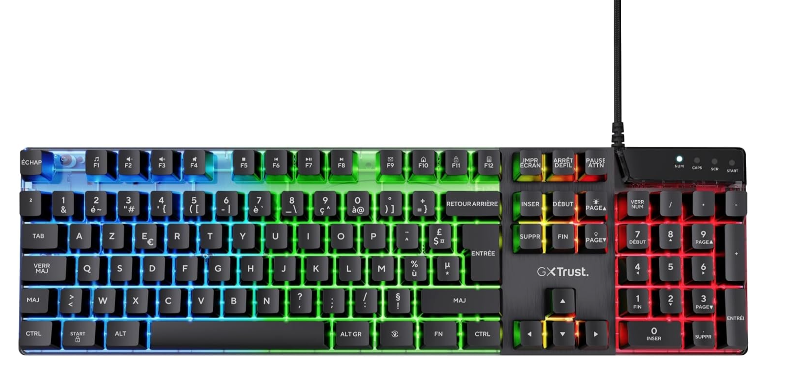 Trust Gaming GXT 835 Azor Clavier Gamer Filaire AZERTY Français, Éclairage LED Arc-en-Ciel, Mode Jeu, 8 Touches Anti-ghosting, Clavier Gaming à Membrane USB, PC/Ordinateur Portable - Noir