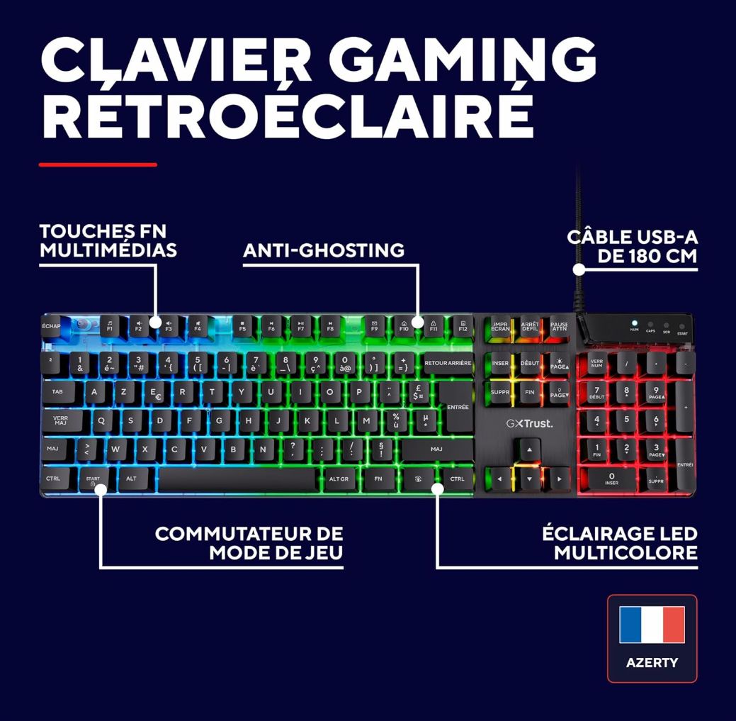 Trust Gaming GXT 835 Azor Clavier Gamer Filaire AZERTY Français, Éclairage LED Arc-en-Ciel, Mode Jeu, 8 Touches Anti-ghosting, Clavier Gaming à Membrane USB, PC/Ordinateur Portable - Noir