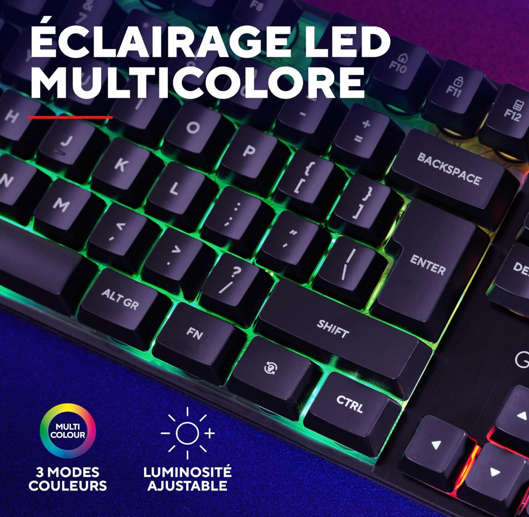 Trust Gaming GXT 835 Azor Clavier Gamer Filaire AZERTY Français, Éclairage LED Arc-en-Ciel, Mode Jeu, 8 Touches Anti-ghosting, Clavier Gaming à Membrane USB, PC/Ordinateur Portable - Noir