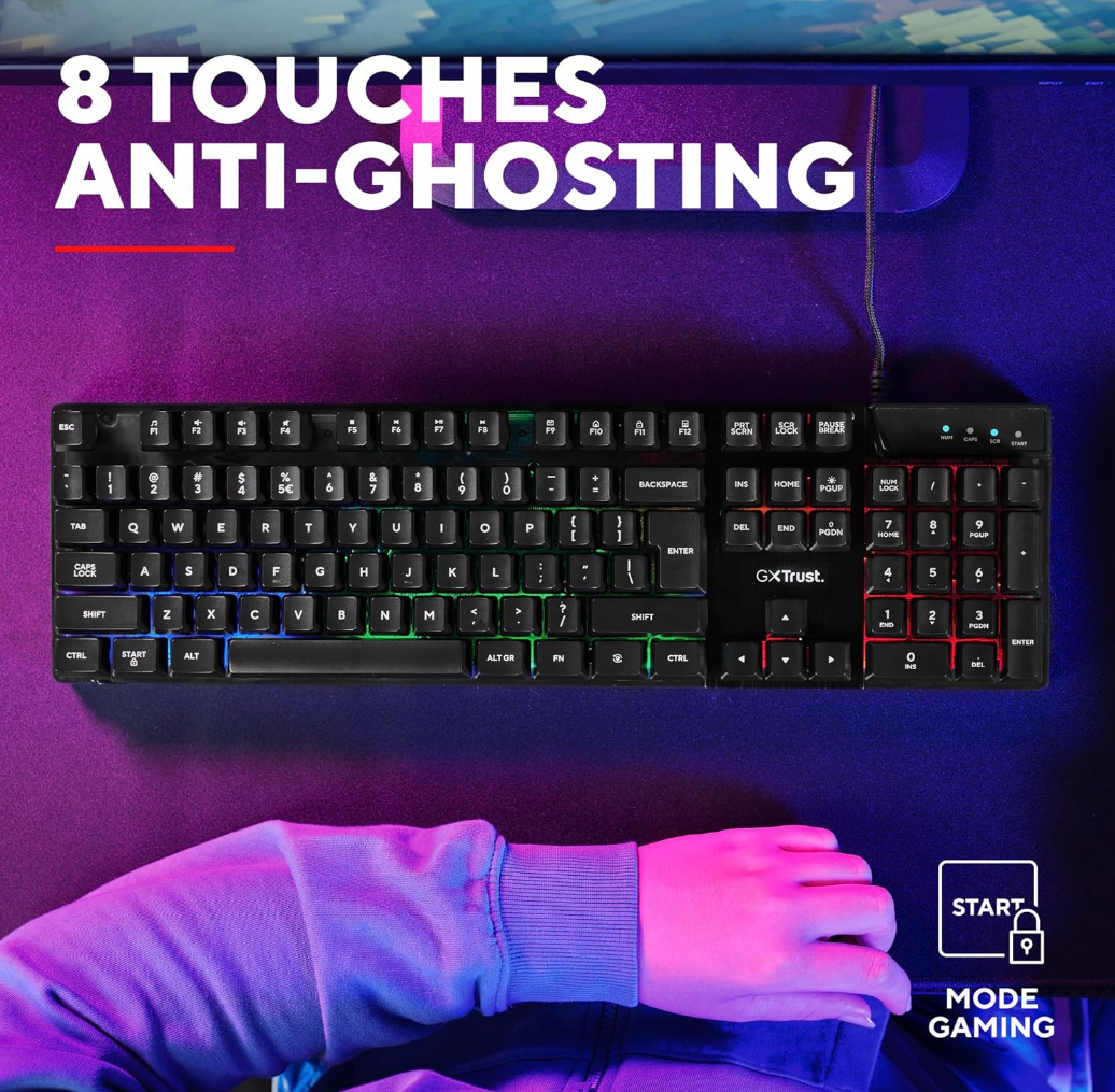 Trust Gaming GXT 835 Azor Clavier Gamer Filaire AZERTY Français, Éclairage LED Arc-en-Ciel, Mode Jeu, 8 Touches Anti-ghosting, Clavier Gaming à Membrane USB, PC/Ordinateur Portable - Noir