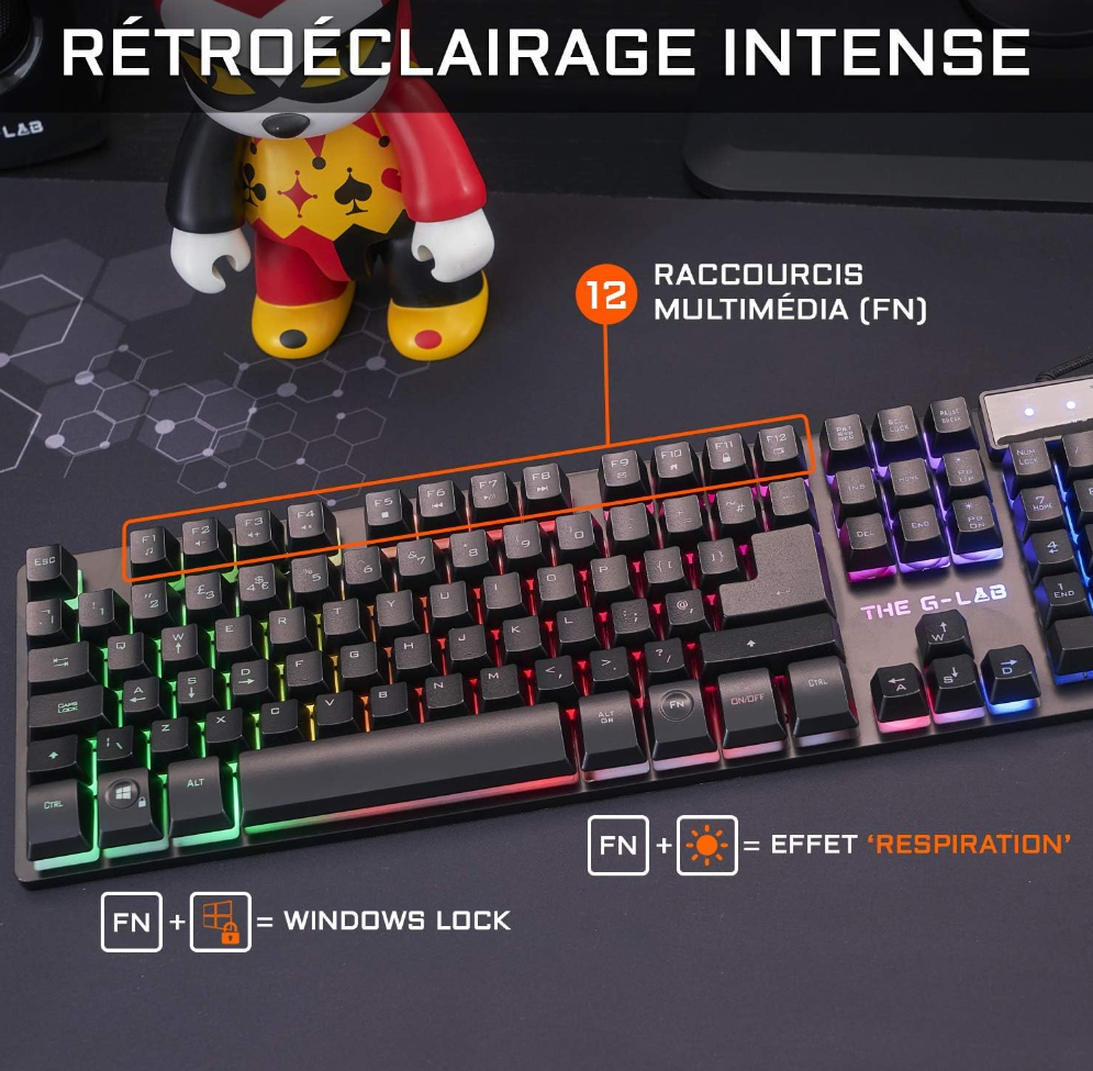 The G-LAB Combo KRYPTON - Clavier Gaming AZERTY USB Anti-Ghosting + Souris Gaming 6 boutons 3200 dpi - Pack Gamer filaire PC PS4 Xbox One Mac Rétro-éclairage RGB (Noir)