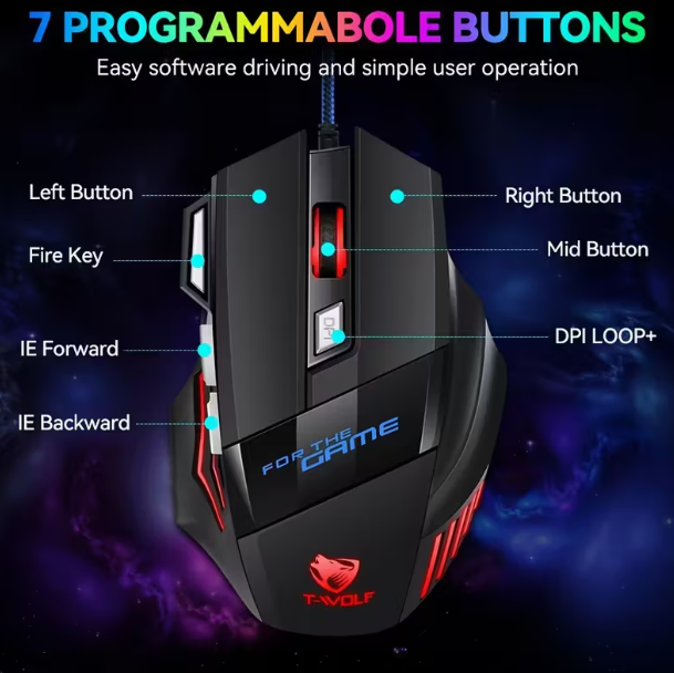Souris e-sport RGB T-WOLF lumière mixte sept boutons câblée USB, toucher agréable pour tir à la poule, souris d'ordinateur, souris de bureau