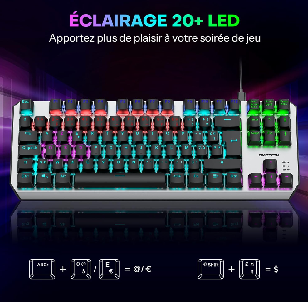 OMOTON Clavier Gamer Mécanique Filaire USB, 80% TKL Clavier Gaming Mecanique Rétroéclairé avec Switch Rouge, Anti-Ghosting, AZERTY Français pour PC/Windows