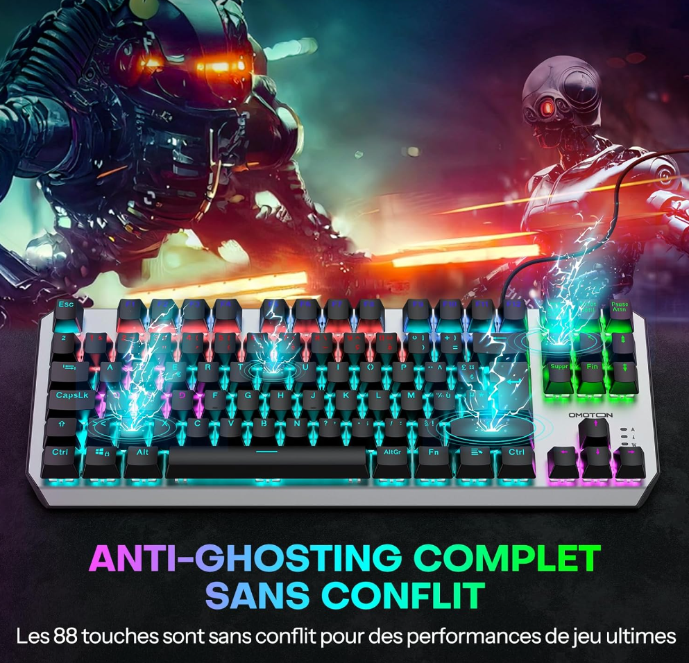 OMOTON Clavier Gamer Mécanique Filaire USB, 80% TKL Clavier Gaming Mecanique Rétroéclairé avec Switch Rouge, Anti-Ghosting, AZERTY Français pour PC/Windows