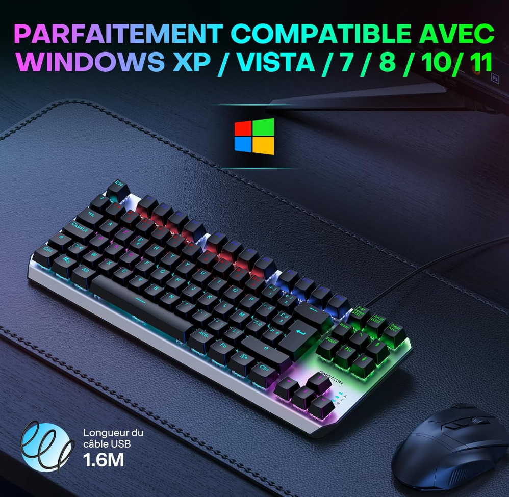 OMOTON Clavier Gamer Mécanique Filaire USB, 80% TKL Clavier Gaming Mecanique Rétroéclairé avec Switch Rouge, Anti-Ghosting, AZERTY Français pour PC/Windows