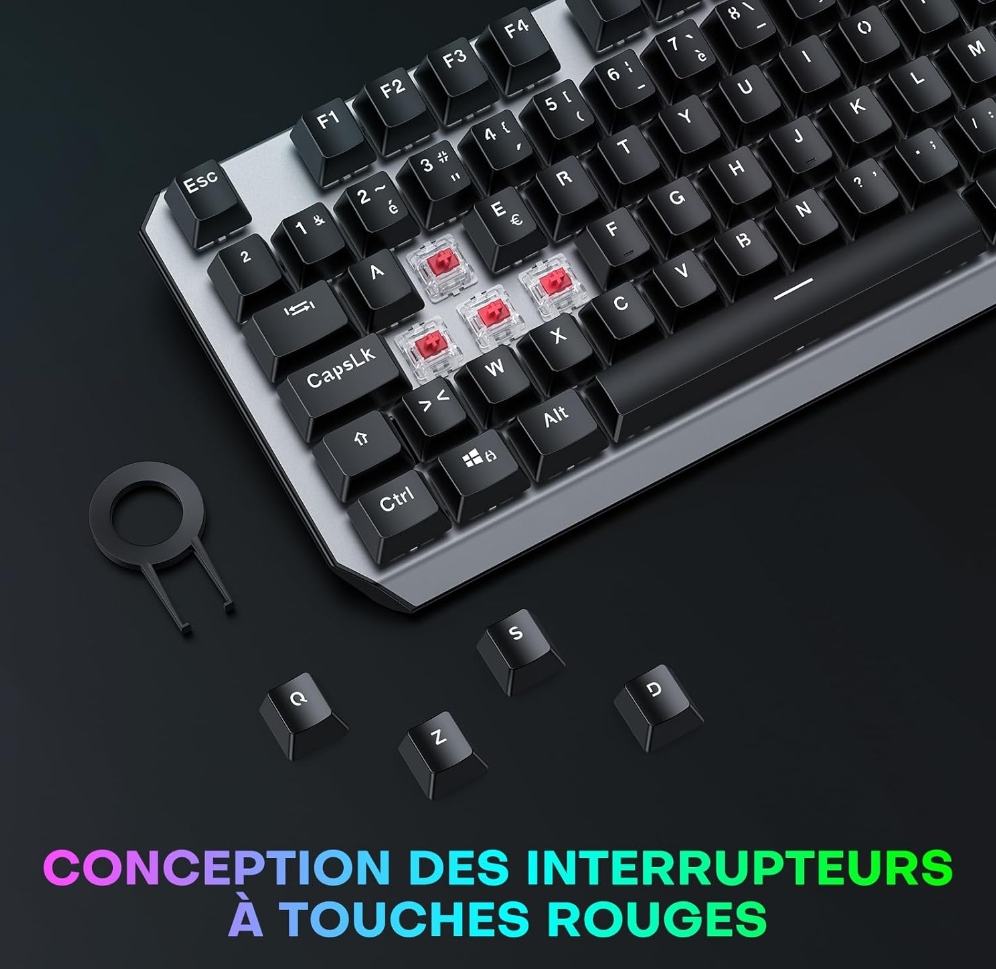 OMOTON Clavier Gamer Mécanique Filaire USB, 80% TKL Clavier Gaming Mecanique Rétroéclairé avec Switch Rouge, Anti-Ghosting, AZERTY Français pour PC/Windows