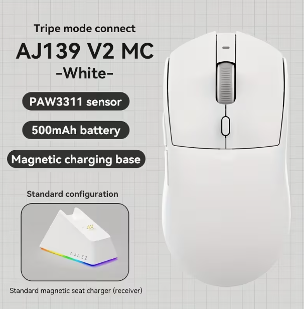 AJAZZ AJ139V2 MC Souris sans fil 1000Hz - Idéale pour le Gaming et l'E-sport - Compatible 2.4G/Filaire - Léger, pèse environ 66g, plus confortable en main, souris + station de charge (Standard officiel)
