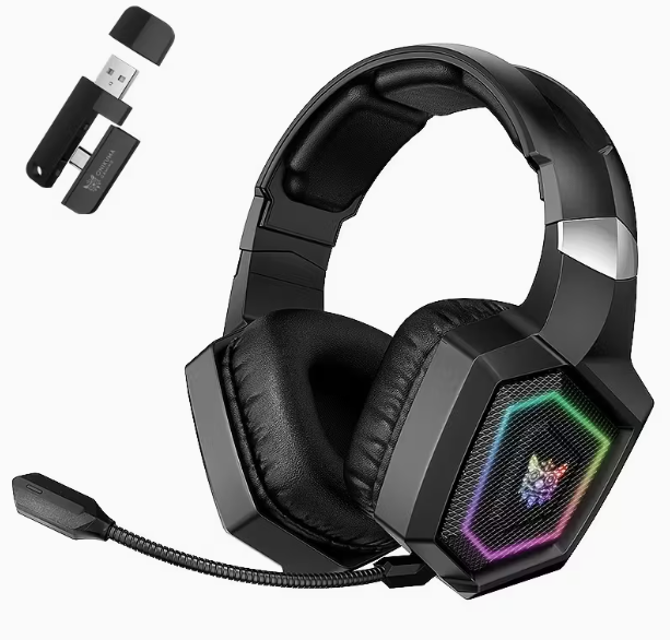 Casque de jeu ONIKUMA Lightspeed, sans fil, prise audio 3,5 mm avec microphone, 2,4 GHz BT 5.3, batterie 50H, fermé, suppression du bruit pour les appels vocaux, type bouton-poussoir, contrôle du volume, batterie rechargeable, port de charge de type C