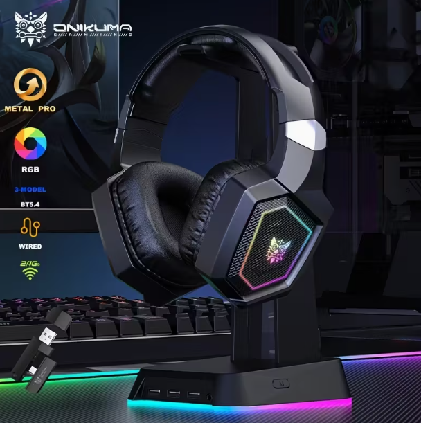 Casque de jeu ONIKUMA Lightspeed, sans fil, prise audio 3,5 mm avec microphone, 2,4 GHz BT 5.3, batterie 50H, fermé, suppression du bruit pour les appels vocaux, type bouton-poussoir, contrôle du volume, batterie rechargeable, port de charge de type C