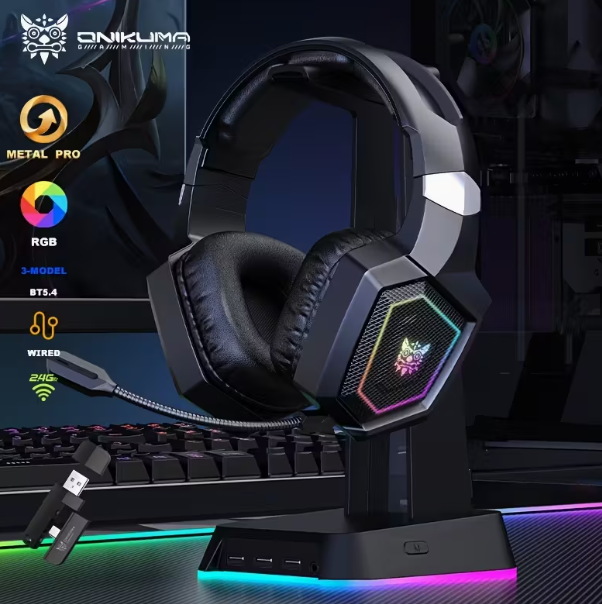 Casque de jeu ONIKUMA Lightspeed, sans fil, prise audio 3,5 mm avec microphone, 2,4 GHz BT 5.3, batterie 50H, fermé, suppression du bruit pour les appels vocaux, type bouton-poussoir, contrôle du volume, batterie rechargeable, port de charge de type C