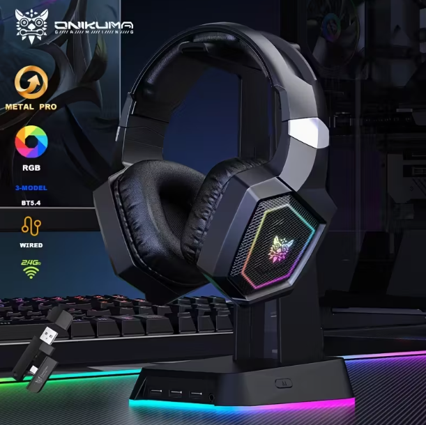 Casque de jeu ONIKUMA Lightspeed, sans fil, prise audio 3,5 mm avec microphone, 2,4 GHz BT 5.3, batterie 50H, fermé, suppression du bruit pour les appels vocaux, type bouton-poussoir, contrôle du volume, batterie rechargeable, port de charge de type C