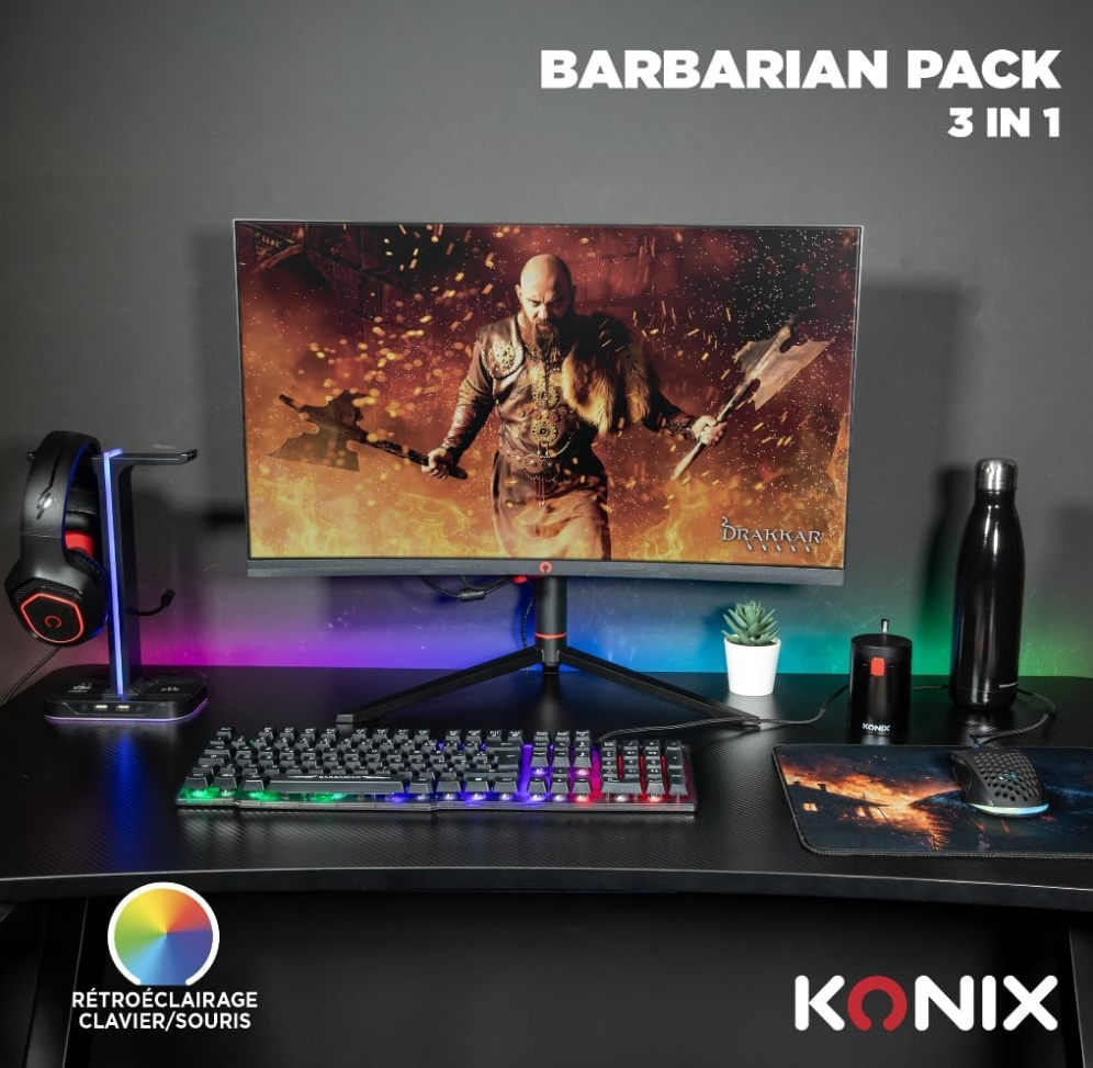 Konix Drakkar Pack d'accessoires gaming Barbarian pour PC - Clavier filaire AZERTY rétroéclairage LED - Souris filaire 102 g - Tapis de souris viking