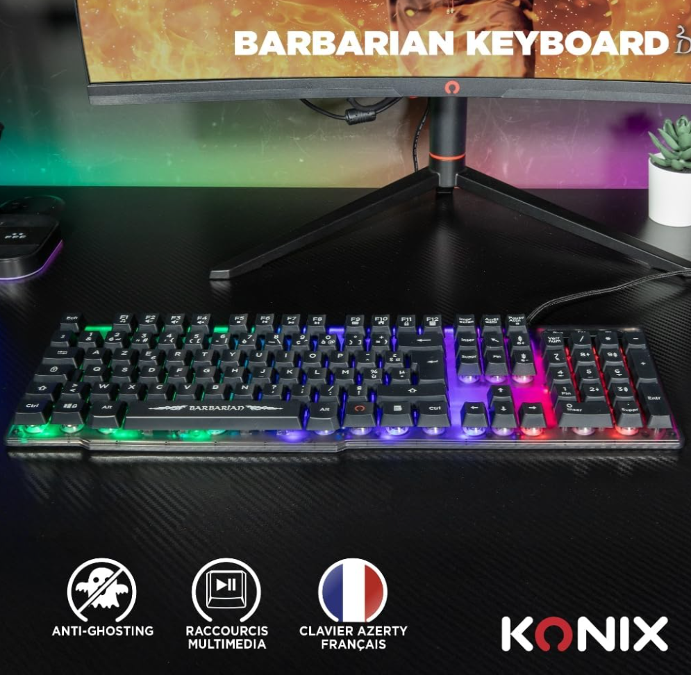 Konix Drakkar Pack d'accessoires gaming Barbarian pour PC - Clavier filaire AZERTY rétroéclairage LED - Souris filaire 102 g - Tapis de souris viking