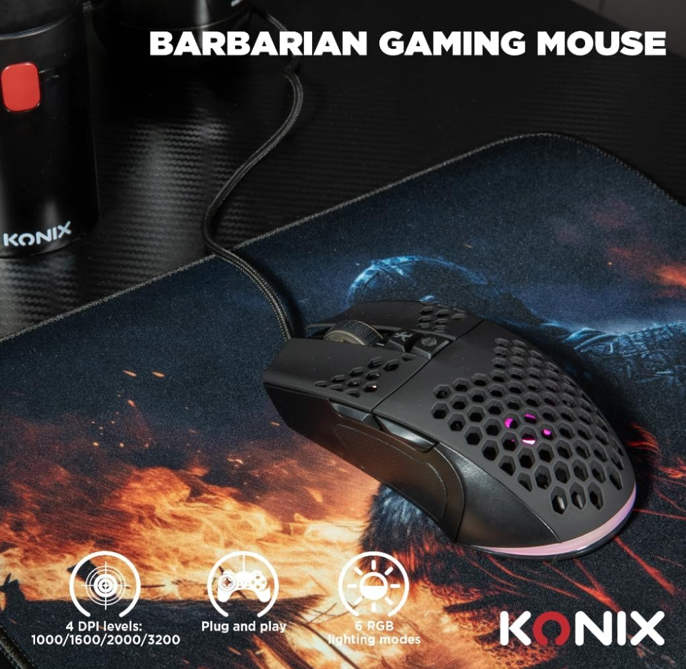 Konix Drakkar Pack d'accessoires gaming Barbarian pour PC - Clavier filaire AZERTY rétroéclairage LED - Souris filaire 102 g - Tapis de souris viking
