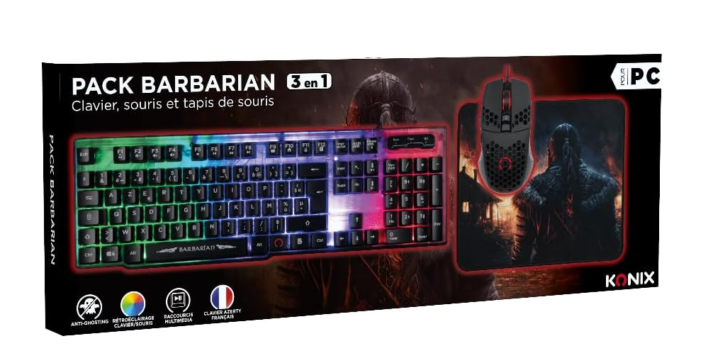 Konix Drakkar Pack d'accessoires gaming Barbarian pour PC - Clavier filaire AZERTY rétroéclairage LED - Souris filaire 102 g - Tapis de souris viking