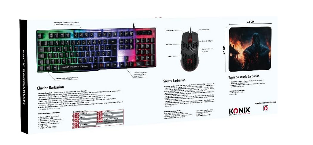 Konix Drakkar Pack d'accessoires gaming Barbarian pour PC - Clavier filaire AZERTY rétroéclairage LED - Souris filaire 102 g - Tapis de souris viking
