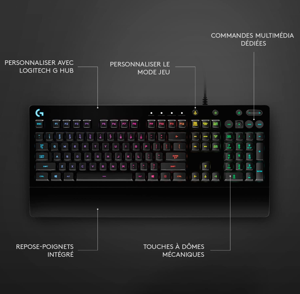 Logitech G213 Prodigy, Clavier Gamer, Eclairage RGB LIGHTSYNC, Résistant aux Éclaboussures, Personnalisable, Commandes Multimédia Dédiées, Français AZERTY - Noir