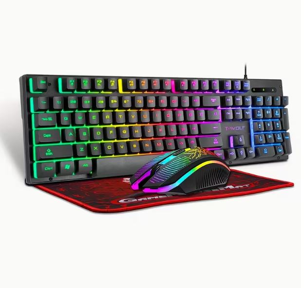 1pc T-WOLF Kit combo 3-en-1 pour jeux, clavier mécanique ergonomique avec rétroéclairage, souris optique et tapis de souris, durable et confortable