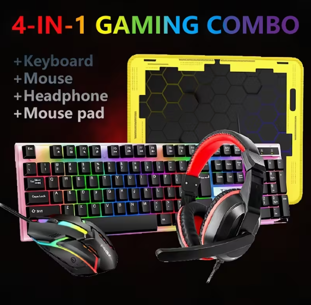 Ensemble quatre-en-un ergonomique pour jeux et bureau : clavier à 104 touches rétroéclairé arc-en-ciel, souris de jeu illuminée, casque sans fil 3,5 mm, tapis de souris antidérapant, alimentation USB filaire, Plug-and-Play