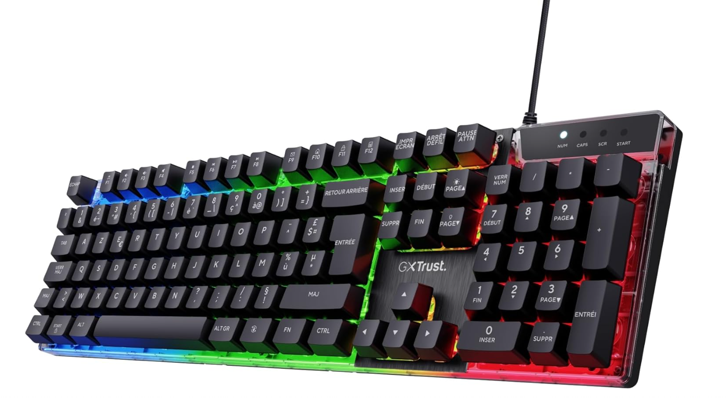Trust Gaming GXT 835 Azor Clavier Gamer Filaire AZERTY Français, Éclairage LED Arc-en-Ciel, Mode Jeu, 8 Touches Anti-ghosting, Clavier Gaming à Membrane USB, PC/Ordinateur Portable - Noir