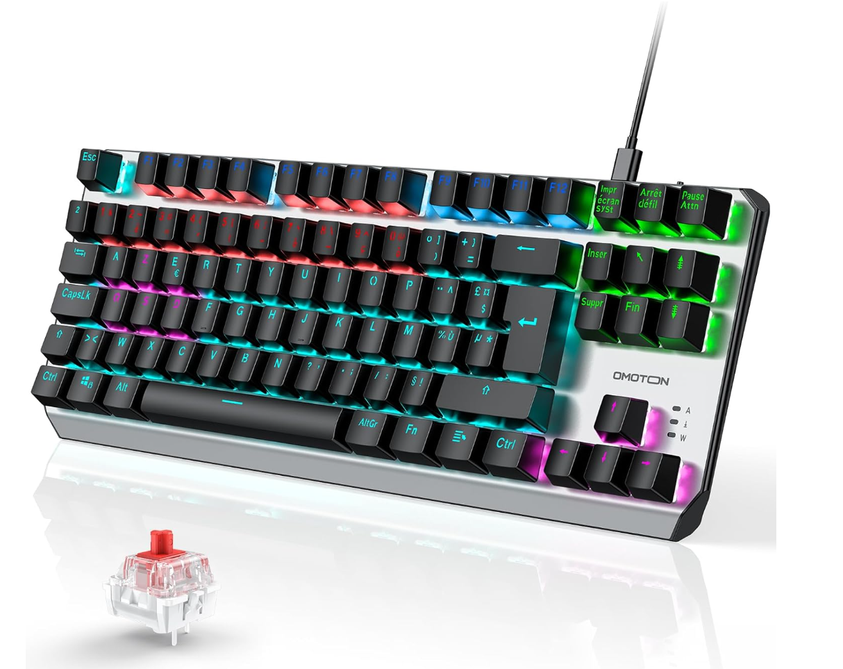 OMOTON Clavier Gamer Mécanique Filaire USB, 80% TKL Clavier Gaming Mecanique Rétroéclairé avec Switch Rouge, Anti-Ghosting, AZERTY Français pour PC/Windows