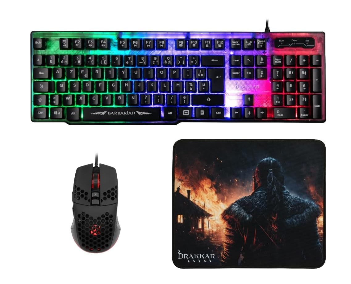 Konix Drakkar Pack d'accessoires gaming Barbarian pour PC - Clavier filaire AZERTY rétroéclairage LED - Souris filaire 102 g - Tapis de souris viking