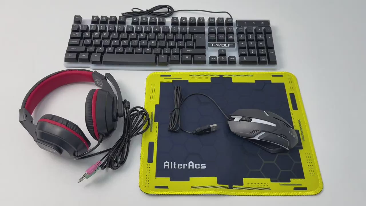 Ensemble quatre-en-un ergonomique pour jeux et bureau : clavier à 104 touches rétroéclairé arc-en-ciel, souris de jeu illuminée, casque sans fil 3,5 mm, tapis de souris antidérapant, alimentation USB filaire, Plug-and-Play